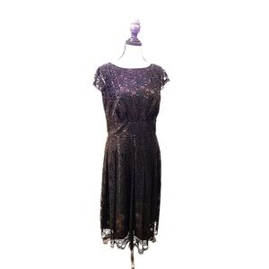 Jones Wear Little Black Dress-applique lace‎ over solid sheath-cap sleeve-size 8